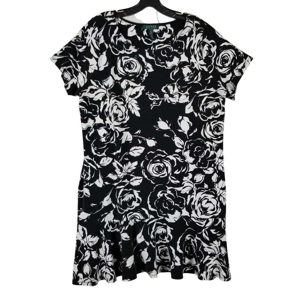 Lauren Ralph Lauren Knit Dress Women 2X Black‎ White Floral Ruffle Flounce Hem